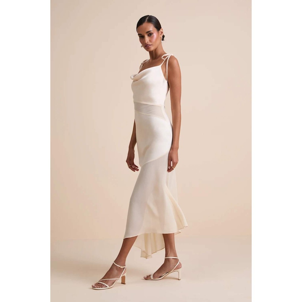 Lulus Enara Cream Satin Mesh Tie-Strap Asymmetrical Midi Dress Size XL - Picture 5 of 8